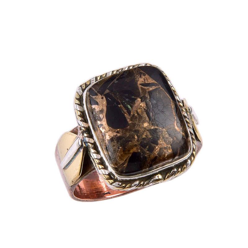 Natural Black Turquoise Gemstone 925 Solid Sterling Silver TwoTone Ring S.7 u5D64