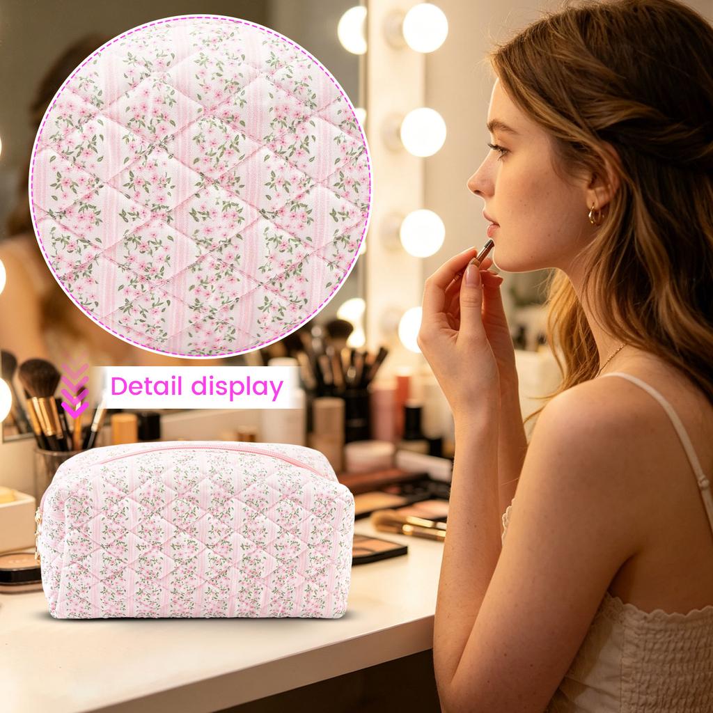 Quilted Cosmetic Bag with Floral Print Large Capacity Makeup Organizer Travel Toiletry Storage Pouch for Women
