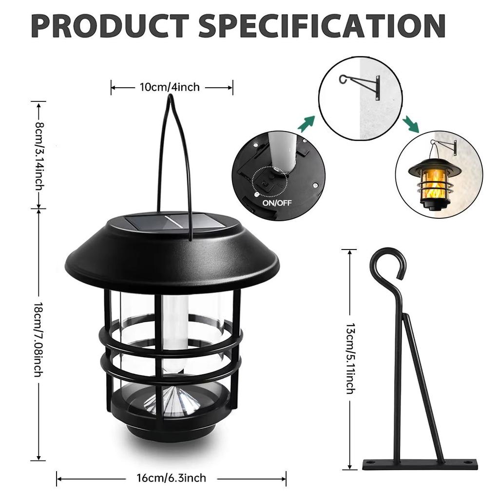 Solar Hanging Flickering Flames Led Lantern Lights Backyard Decor Decorative Wall Lamp Patio Outdoor Powered Porch Light Mounted