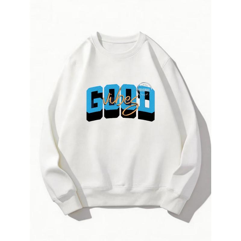 Oversized Crew Neck Sweatshirt, Good Vibes Letter Graphic Print Casual Urban Streetwear Long Sleeve Pullover Unisex for Daily Wear