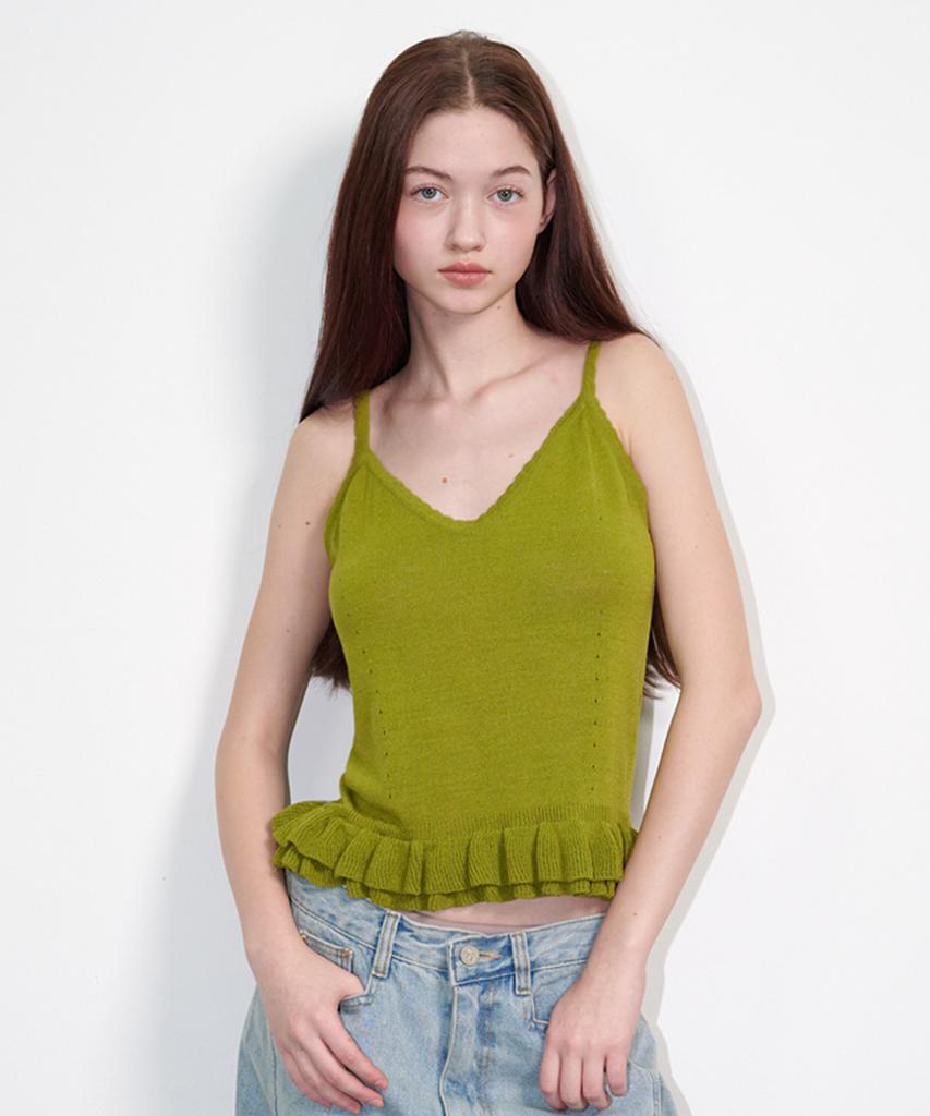 OPENING SUNSHINE Sleeveless Frill Linen Knit Top Olive