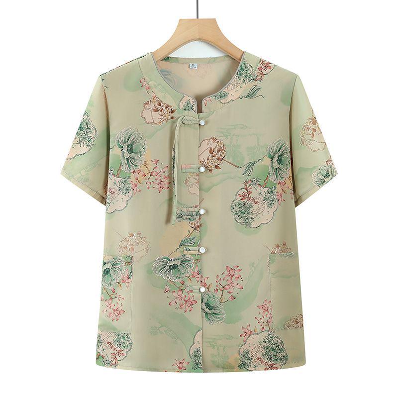 Mother's Day Chinese Style Summer Blouse - Short-Sleeved, Middle-Aged Women's Fashion Top