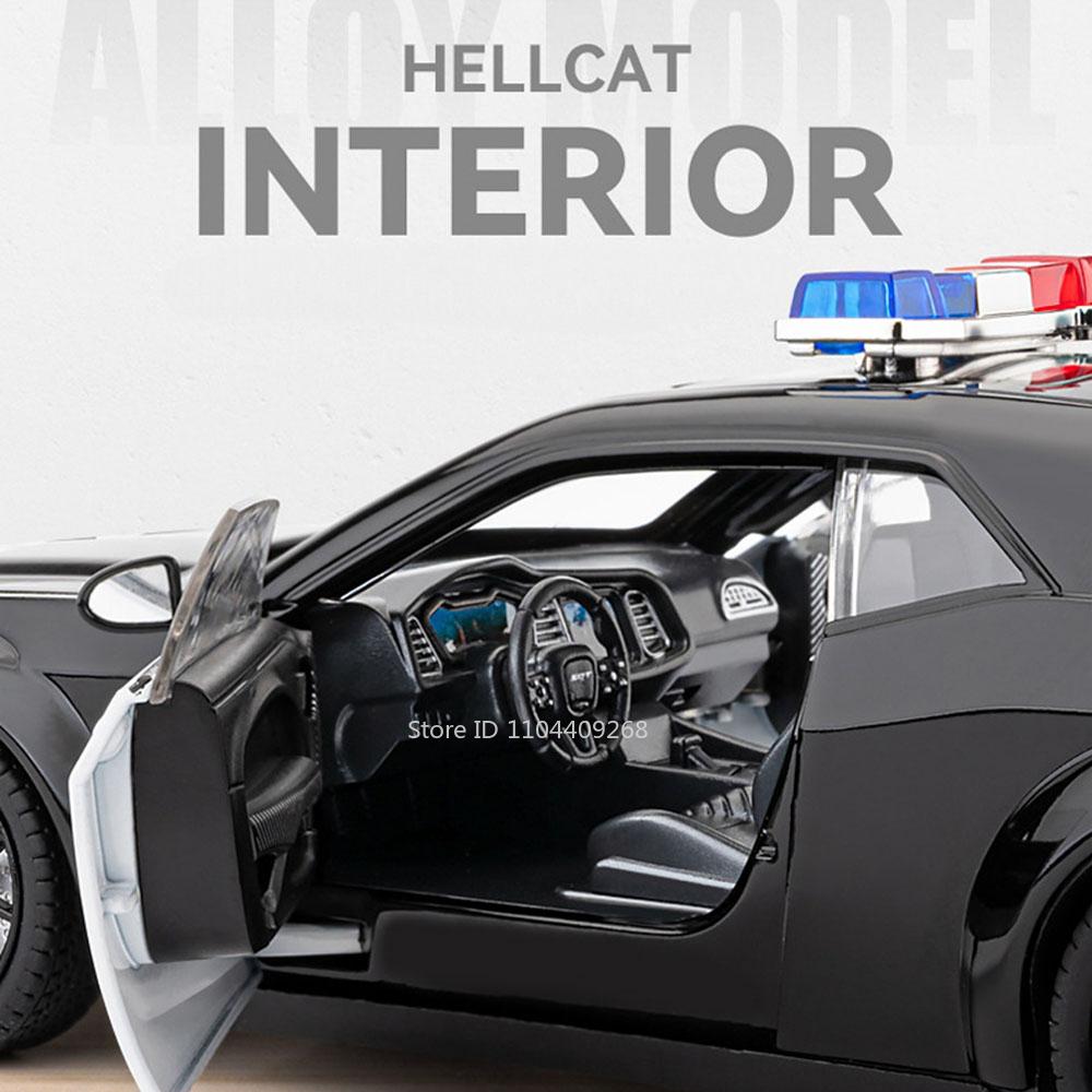1:Maßstab 24 Challenger SRT Hellcat Polizeiauto Charger 1970 Modell Spielzeug Rückzugsantrieb Licht Musik Miniaturfahrzeug für Kinder Sammlung