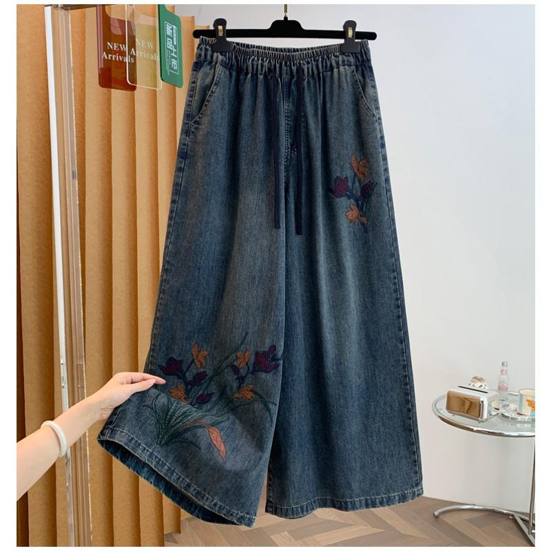 DIMANAF 2026 Autumn Winter New Plus Size Women Jeans Elastic Waist Embroidery Floral Long Pants Loose Casual Denim Cotton Trousers Vintage