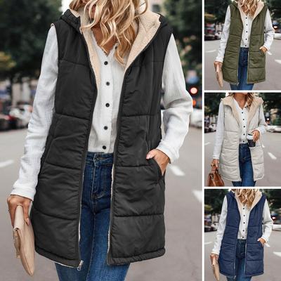 Damen Herbst Winter Wendeweste Mantel mit Kapuze ärmellose Fleece-Futterjacke einfarbige mittellange Weste lange warme Oberbekleidung