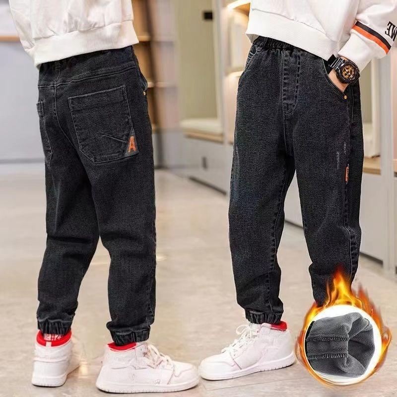 Boys' Jeans Plus Velvet Autumn and Winter Big Children's Trend Pants All-in-one Velvet Children's Trousers