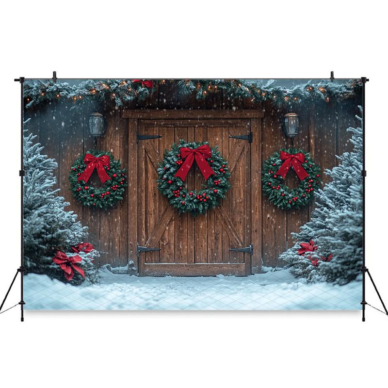 Mocsicka Christmas Photography Background Winter Snowflake Decoration Photo Backdrops Xmas Tree Red Door Pattern Shooting Banner