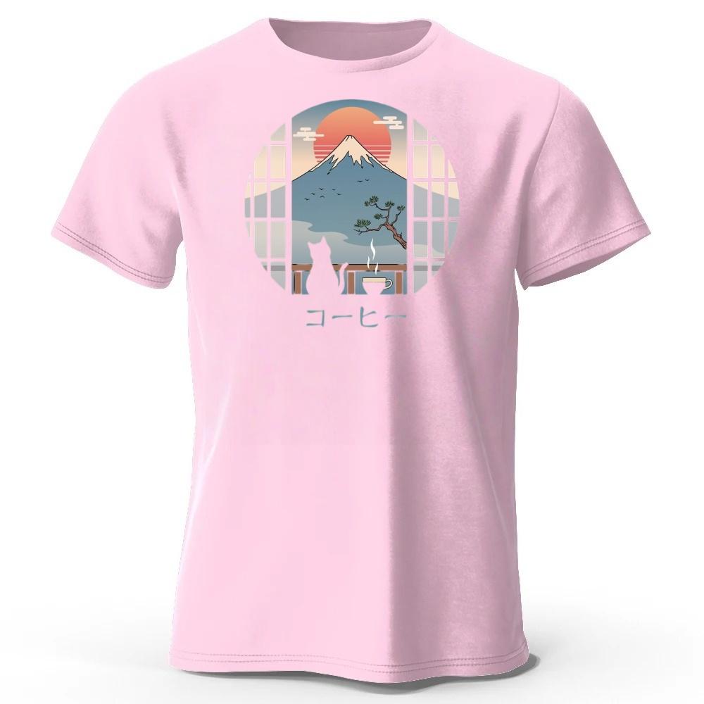 New Japanese Style Fuji Mountain Print Mens Pure Cotton Sports Running Fitness Short Sleeved Simple Style Plus Loose Tshirt