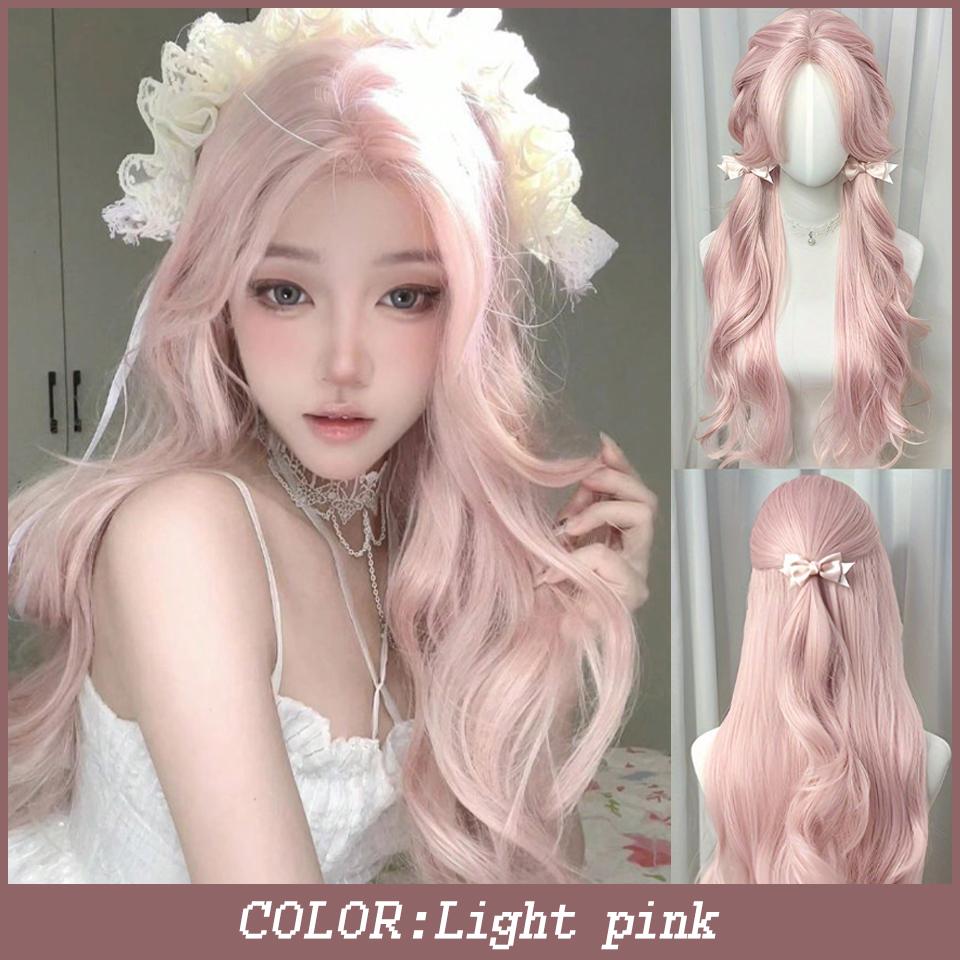 WTB Synthetic Lolita Wig Long Wave Lovely Elegant Light Pink With Bangs Ladies Wig Daily Christmas Cosplay Party Wig