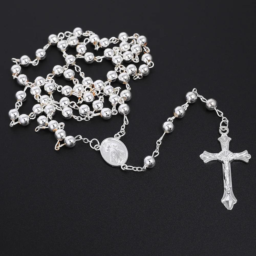 6MM Rosary Necklaces For Women Men Long Gold  Color Chain Crucifix Cross Pendant Necklace Religious Prayer Jewelry Gift