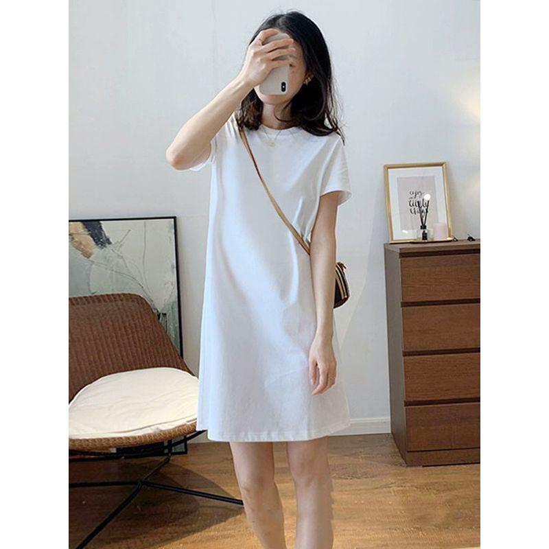 

round Neck Pullover Plaid Loose Easiest for Match Dress Base Skirt Fashion Pure Cotton Short Sleeve Mid Length Long Length T-shirt Skirt Women Black slim fit S