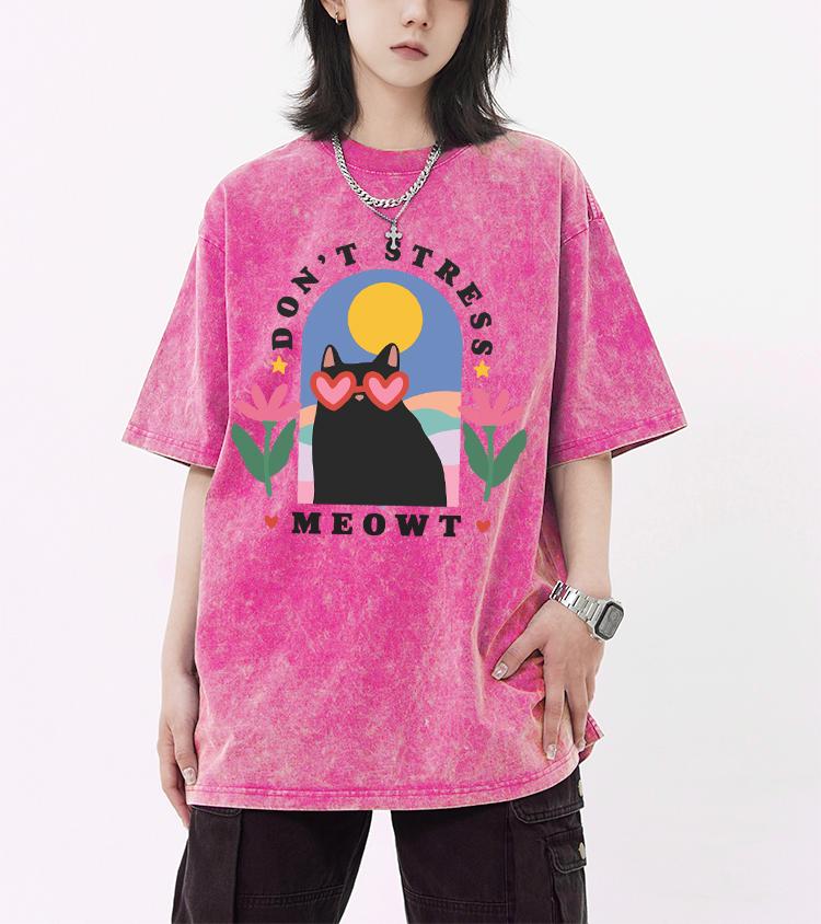 Don't Stress Meowt Cartoon Printing Retro Tee Shirt Female Trendy  Cotton T-Shirts Unisex Washed Short Sleeve Summer Hip Hop Top