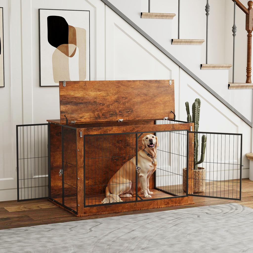 Dog Crate Furniture With Openable Top Two Doors For Extra Large Dogs Rustic Brown