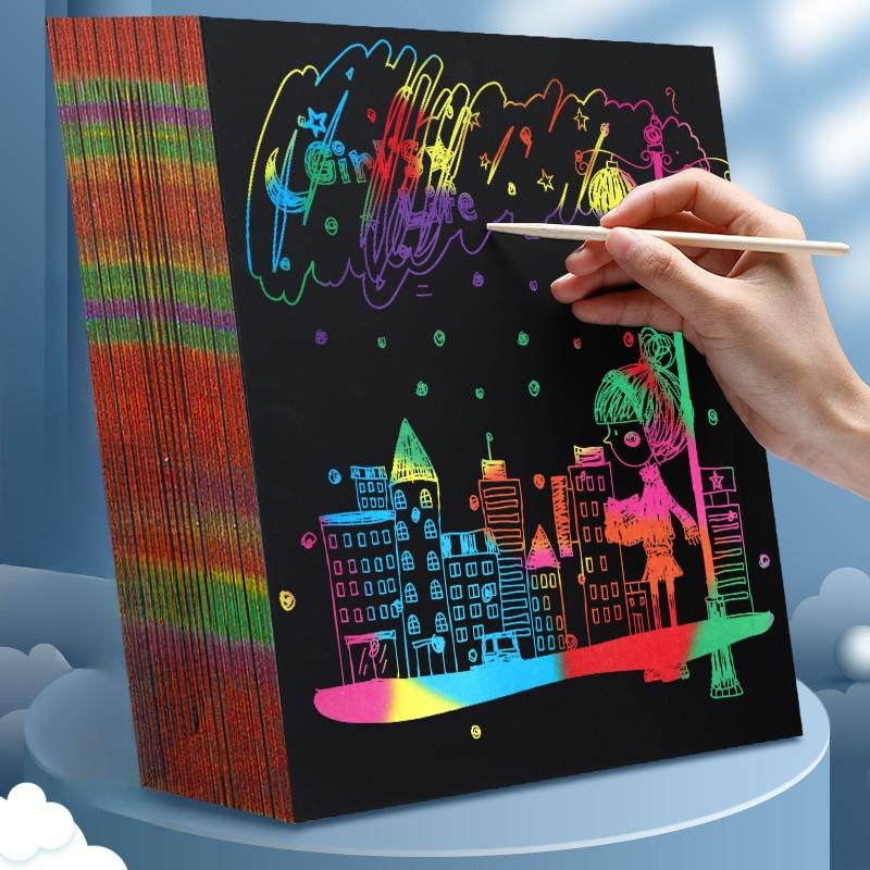 50sheet Thickened Scratching Paper Set A4/16k Color Graffiti Paper Children's Handmade Art Creative Drawing Art Drawing Supplies