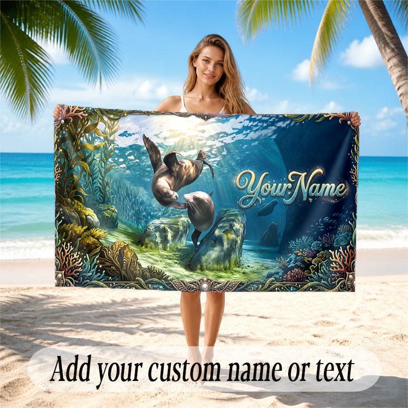 Octopus Sea Life Theme Soft Beach Towel Personalized Custom Name Text Towel Portable for Beach Pool Travel