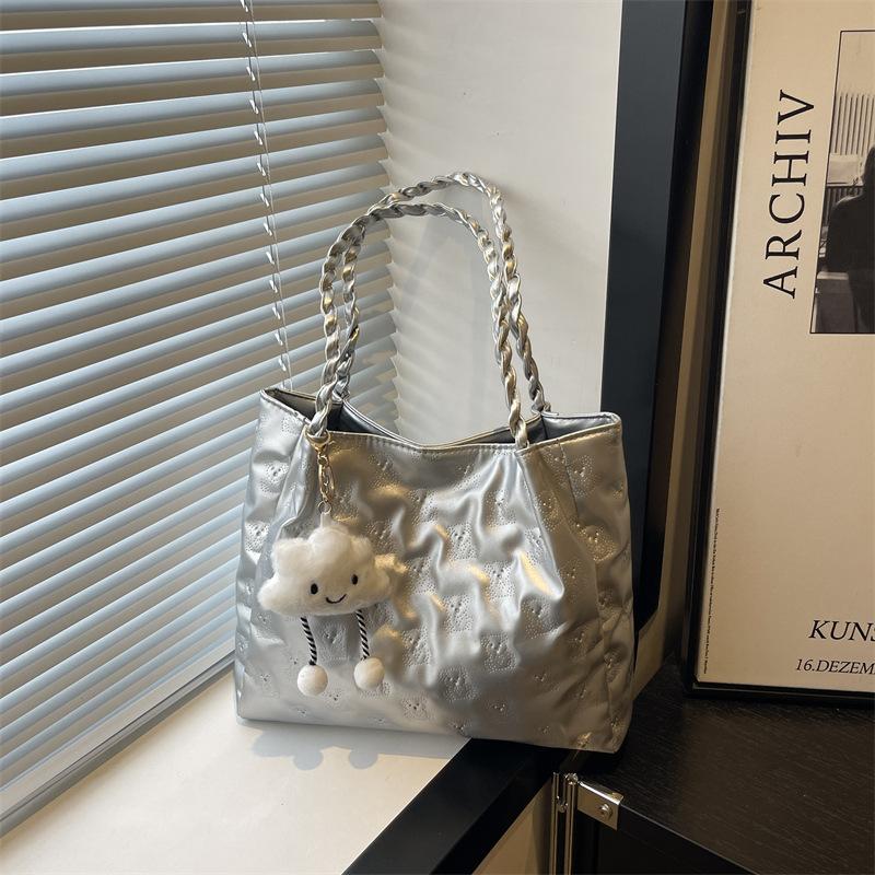 Bow girl heart texture wind embroidery thread pleats large capacity solid color shoulder bag tote handbag