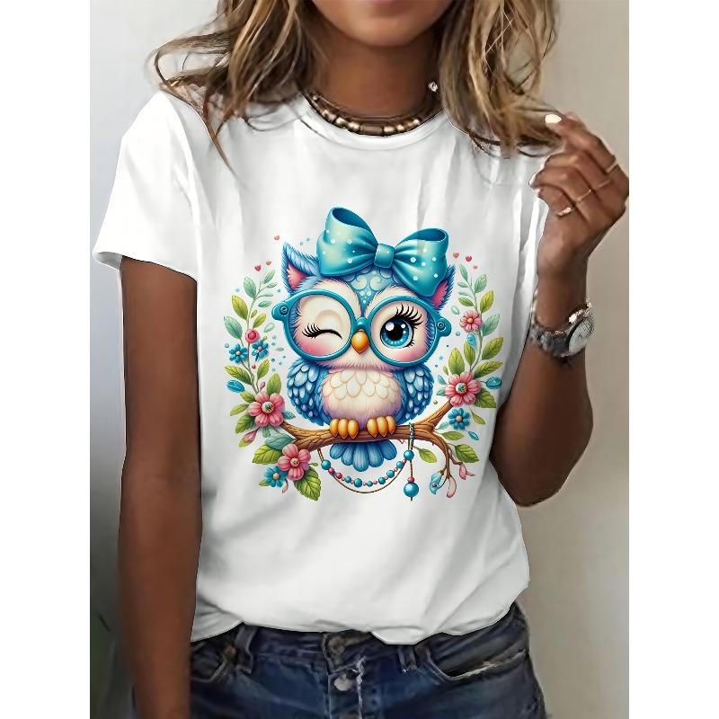 Damen Niedliche Eule Frühling Blumendruck T-Shirt Rundhalsausschnitt Kurzarm Grünes Schleifen-Dekor Atmungsaktiv Maschinenwaschbar Komfort-Passform Elegant Lässig Frühling