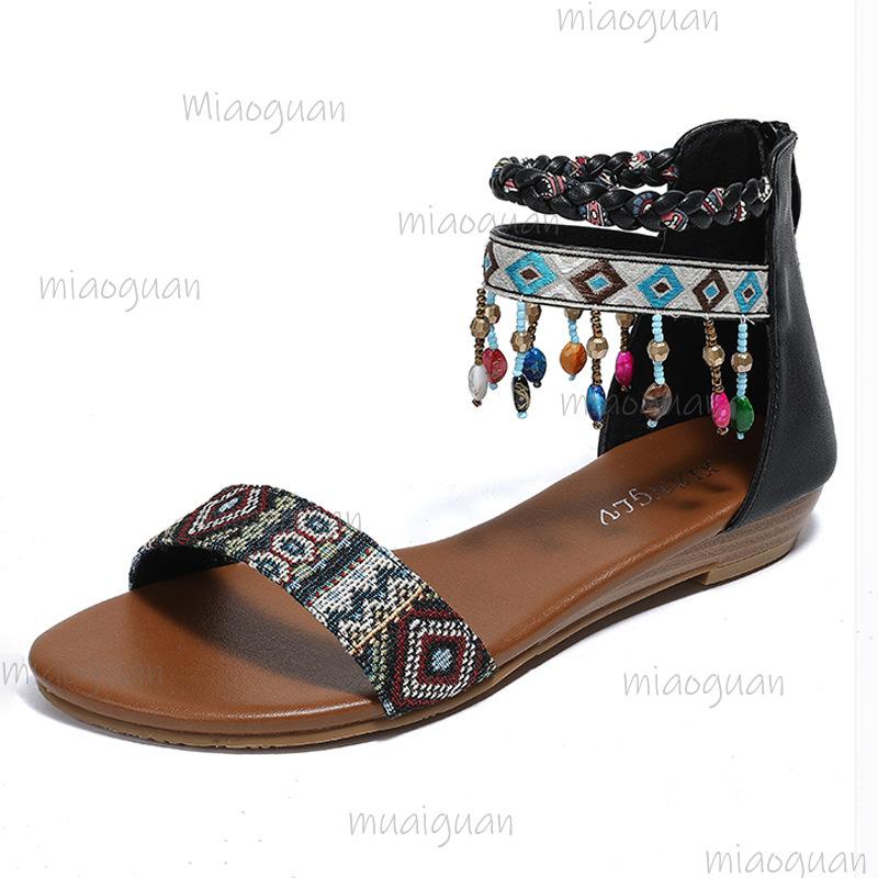 Women's Sandals 2025 Summer Back Zipper Beaded Tassel Women Shoes Ethnic Style Roman Sandals Bohemian Sandalias De Mujer