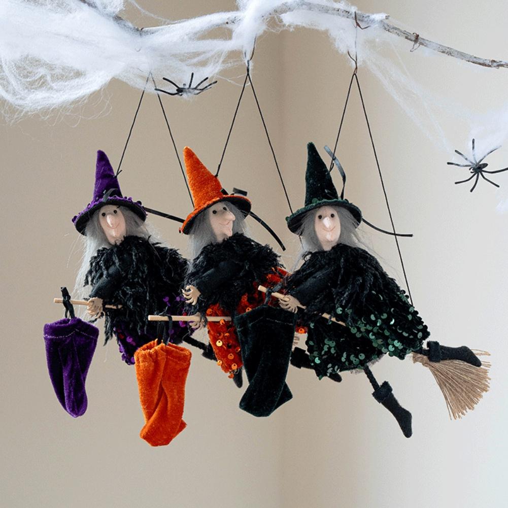 Charming Halloween Witch Pendant Cute Cloth Ornaments Broom Gifts Bag Witch Wizard Hat Design For Home Decoration