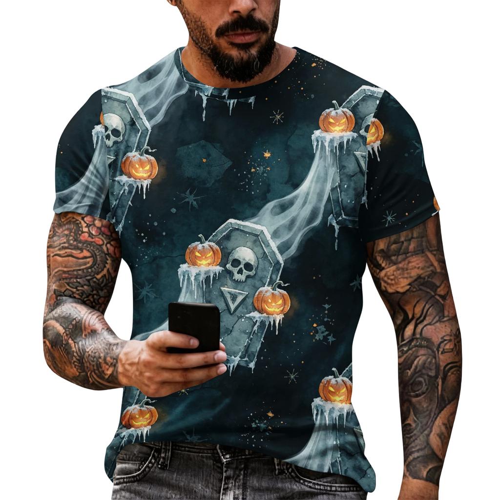 Men Halloween Graphic Short Sleeve T Shirt Casual Loose Fit Summer Daily Wear Top with Pumpkin and Spider Web Print