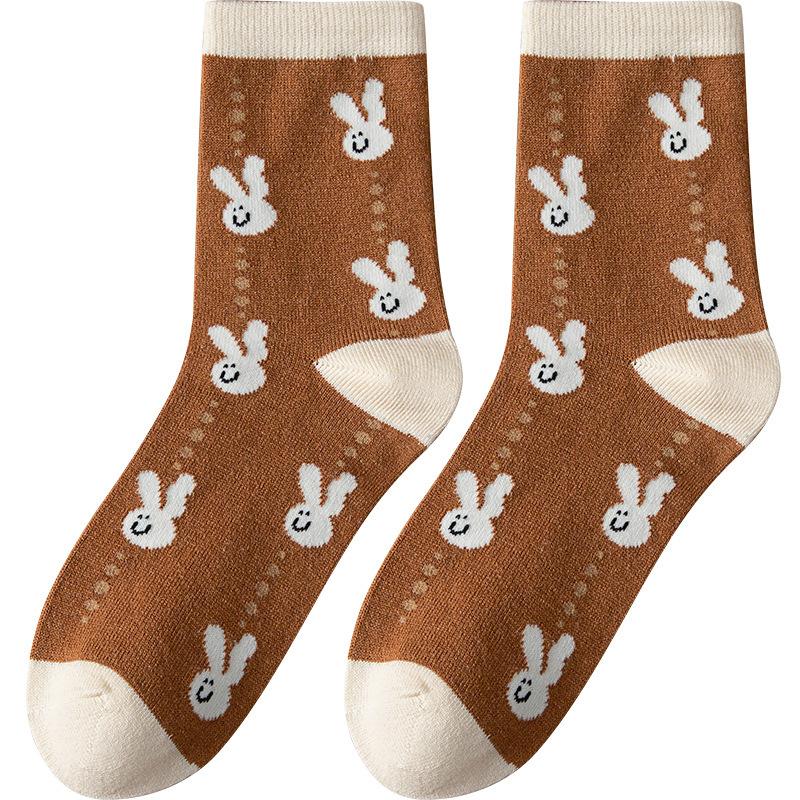 Women's Spring and Autumn Thickened Warm Wool Socks, Trendy Socks, Mid-calf Socks, Cartoon Bear Jacquard Women's Socks