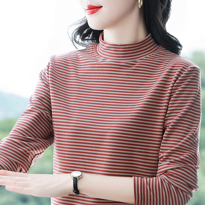 

Бархатная футболка с полувысоким воротником и длинным рукавом для женщин больших размеров - Модный многослойный топ на осень/зиму L 105-120 Jin