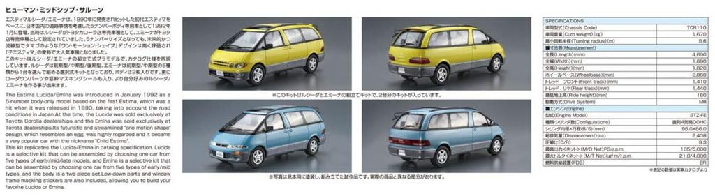 AOSHIMA The Model Car Series Toyota TCR11G Estima 1994 Plastikmodell 1/24 Nr.124 Lucida/Emina