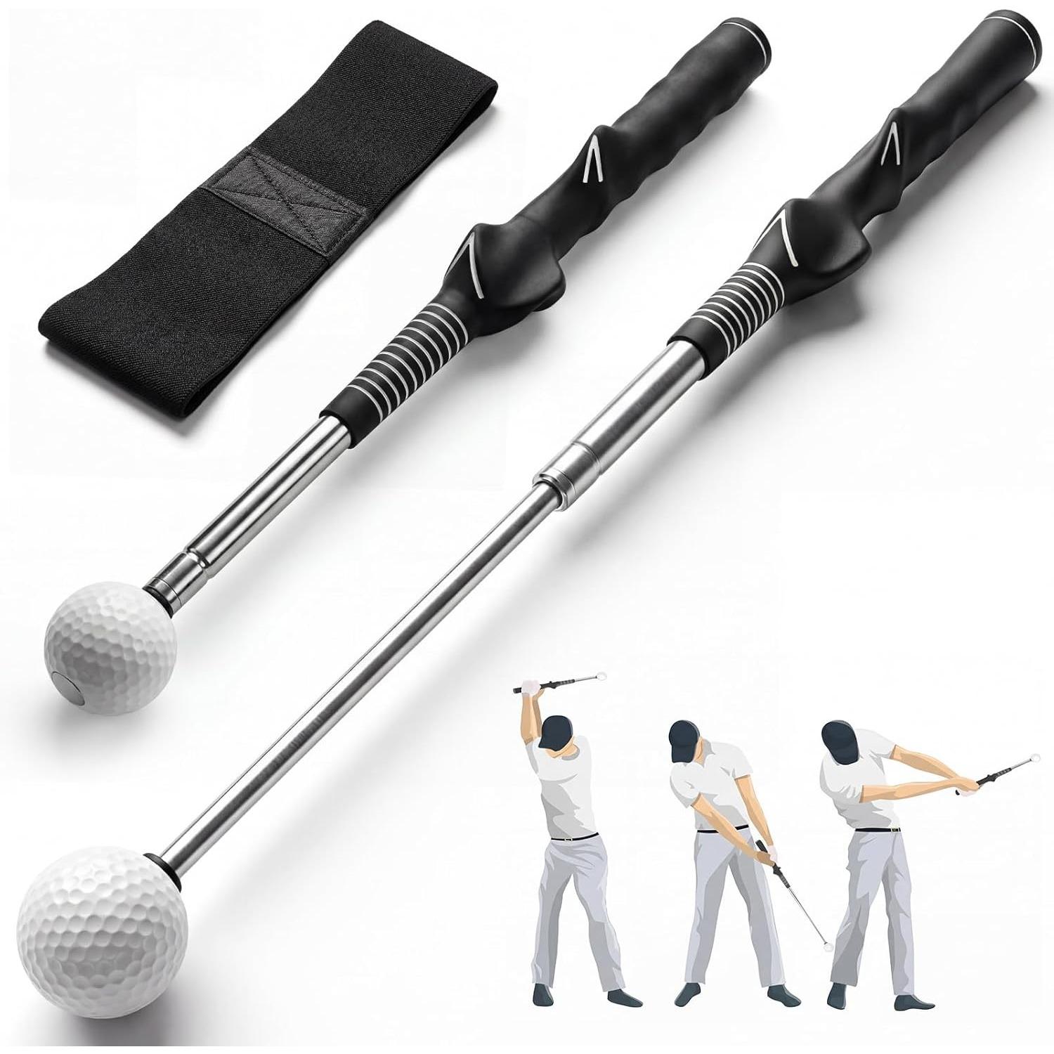 Retractable Golf Swing Trainer, Telescopic Practice Club with Click Feedback, Right-Handed Ergonomic Grip & Arm Band, Grip/Posture Correction 2-Pack чёрный