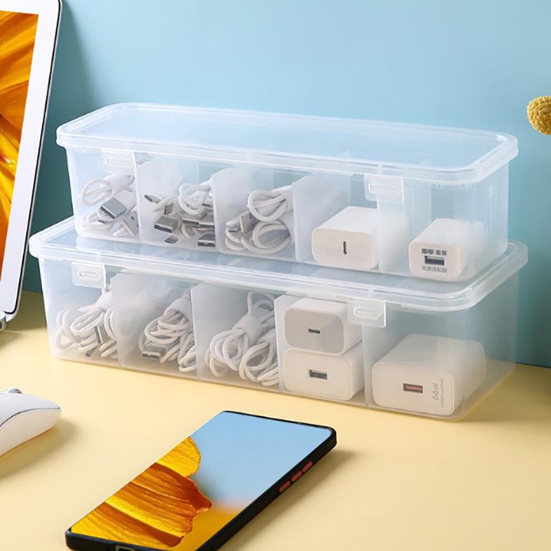 5 Compartment Storage Box With Lid See-Through Charge Cable Organizer Box Data Cable Management Box Socks Underwear Storage Box
