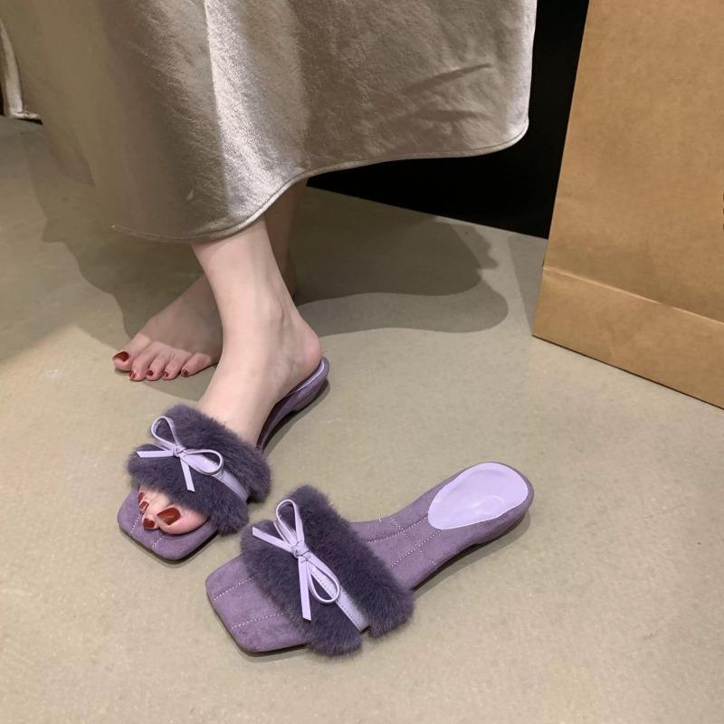 Fashion Fashion Plush Sandals Autumn New Square Toe Open Toe Bow Soft Sole Non-slip Wear-resistant Flip-flops