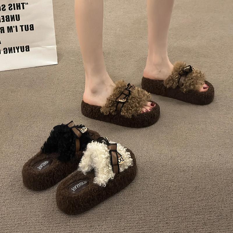 Fashion Short Plush Cotton Mop 2025 Autumn New Versatile Casual Fluffy Slippers Women's Outer Wear Muffin Thick Bottom One-word Mop