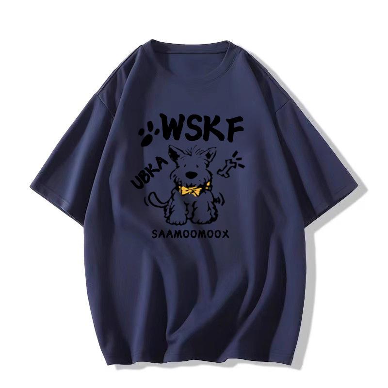 Damski T-shirt z ciężkiej bawełny z nadrukiem retro szczeniaczka, Kolekcja Lato 2025, Luźny krój, Krótki rękaw.