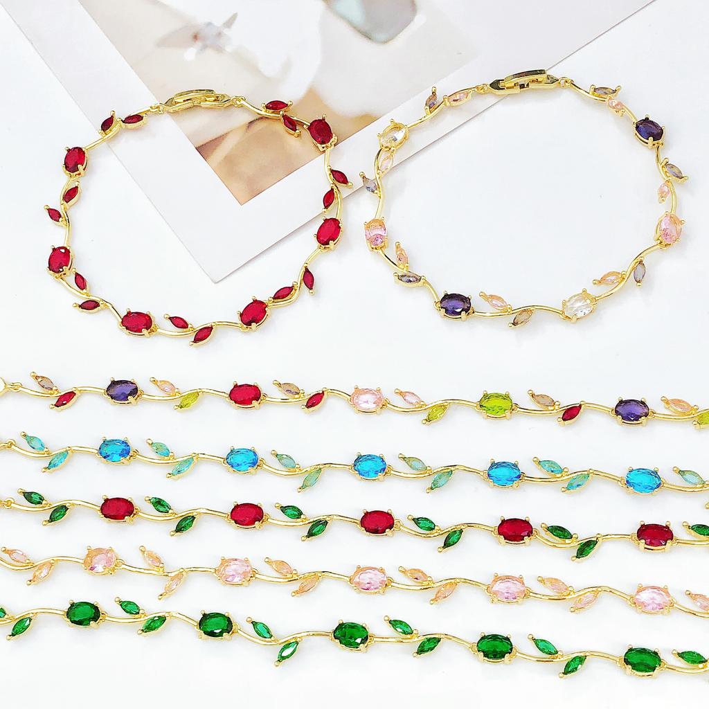 Colorful Trendy Charm Crystal Leaf Vine Flower Rhinestone Bracelet Luxury for Women Girl Party Wedding Gold-Plated Jewelry Gift