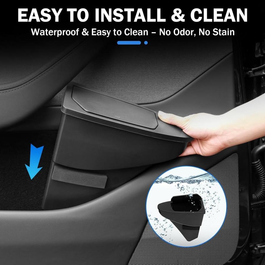 UBLM4 Front Door Built-in Storage Organizer for Tesla Model Y Juniper 2025 2026 Car Garbage Bin with Push‑Open Lid ABS Door Organizer