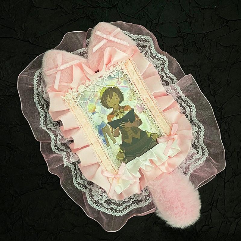 

Kawaii Kitten Ears Photocard Holder with Plush Tail Handmade Kpop Idol Card Case Photocard Sleeves Anime Character Display 2025 розовый