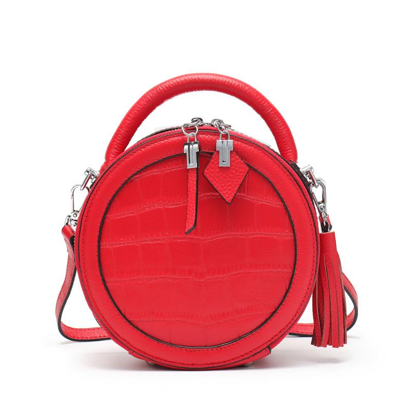 New Leather Small Round Bag Women's Messenger Bag Crocodile Pattern First Layer Cowhide Shoulder Bag Versatile Barrel Bag Handbag