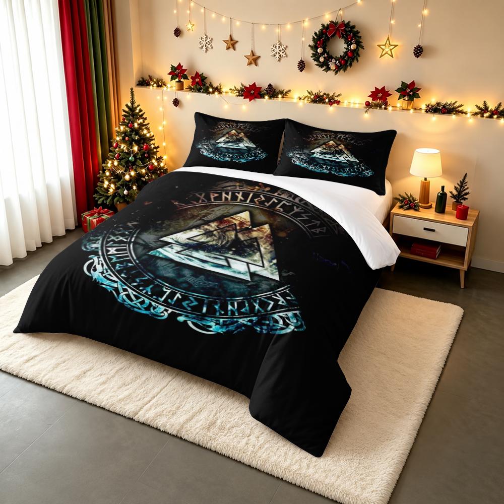 3 Piece Bedding Set with Duvet Cover and 2 Pillowcases - Valknut Odin Waves Rune Circle Blue Art - Norse Decor