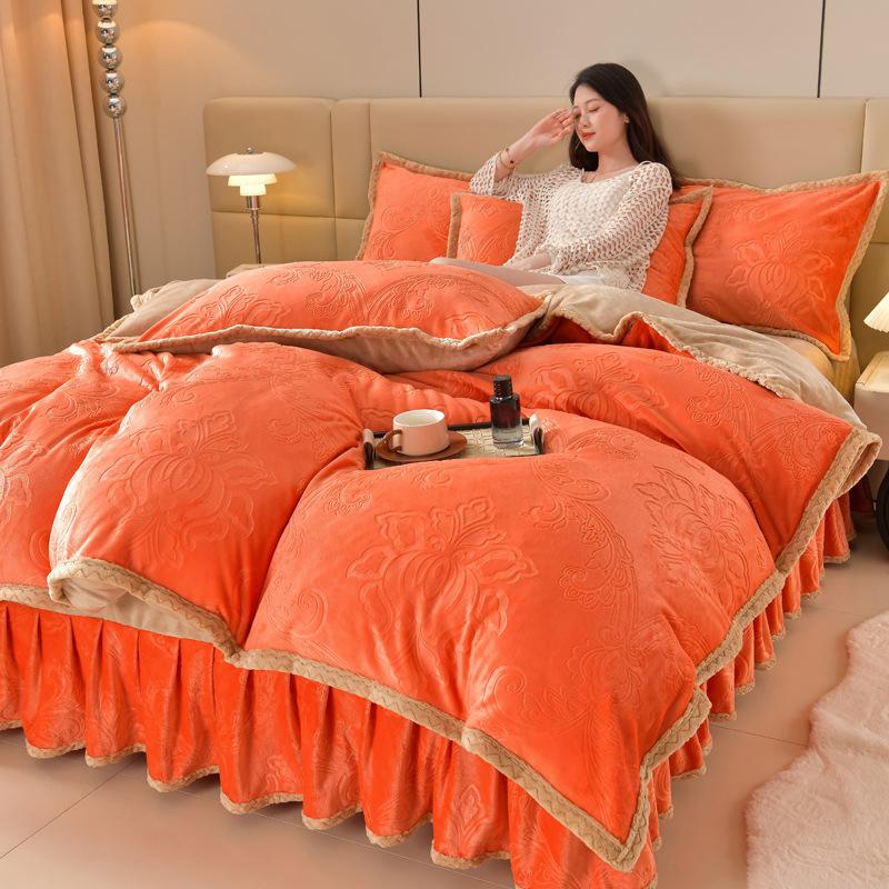 Class A Maternal And Infant Grade High-Gram Carved Fleece Milk Fleece Bed Skirt4-Pcs Set, Winter Double-Sided Fleece Quilt Cover
