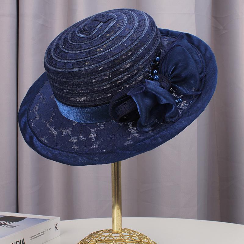 Summer beige top hat women's French retro fashion flat top straw hat breathable lace flat brim sun protection visor hat