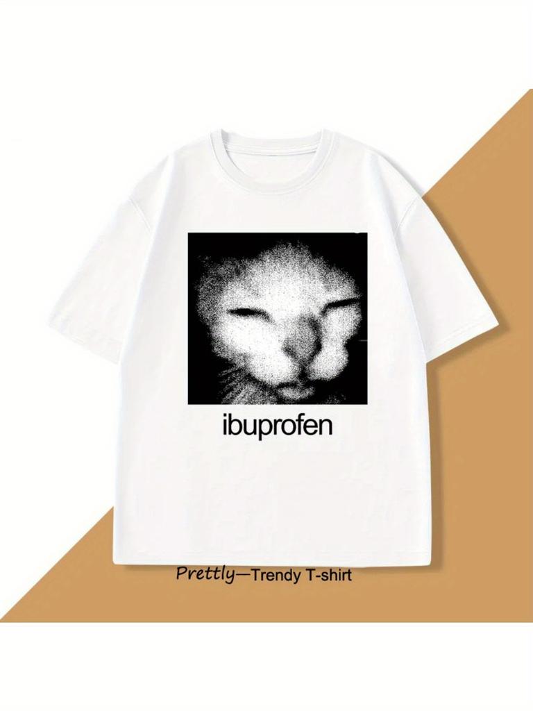 Sellowater Ibuprofen Cat Meme T-shirt Fun "Ibuprofen" Graphic Tee White Crew Neck Shirt for Men and Women Lightweight Street Top