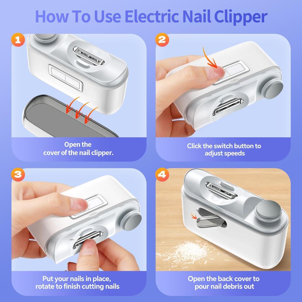 Electric Automatic Nail Clipper with LED Light & 2 Speeds, Fingernail Cutter and Polisher 2 In 1 Design, Nail Scraps Storage Rechargeable Safety