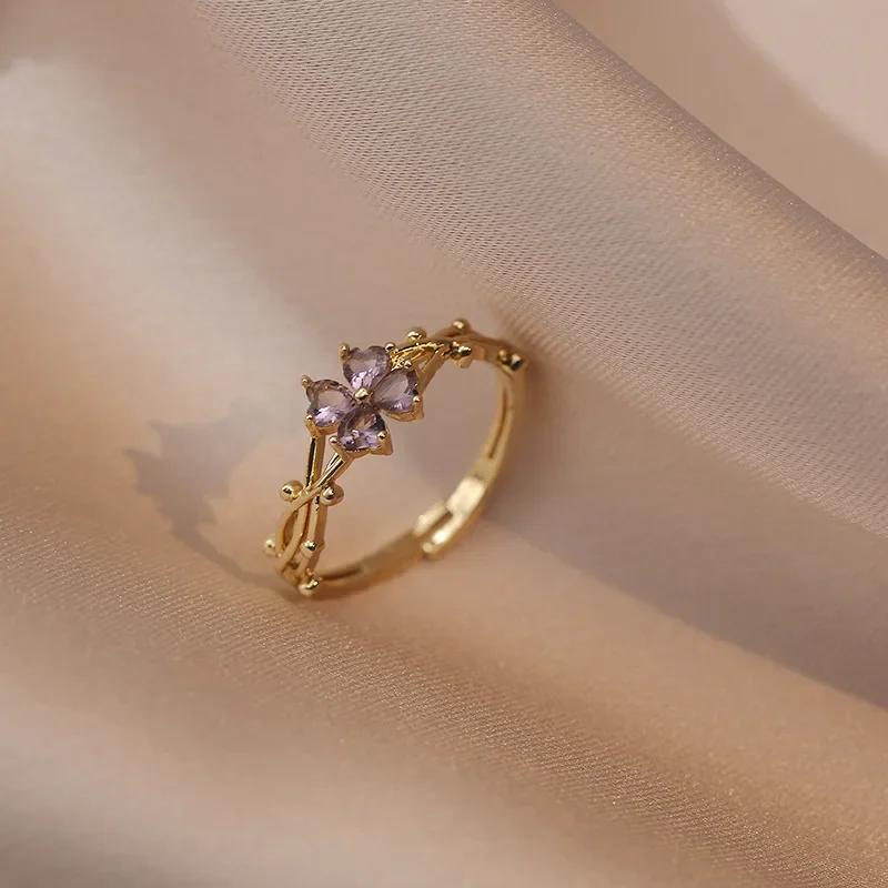 Cute Romantic Purple Four Leaf Zircon Flower Adjustable Rings for Women New Charm Gold Stainless Steel Finger Jewelry Gift