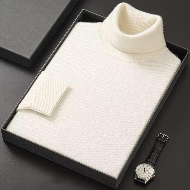 Men's Slim Fit High Neck Solid Color Knit Pullover - Korean Style Winter Base Layer Sweater
