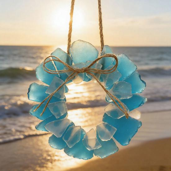 Sea Glass Wreath Handmade Coastal Style Beach Wreath 6 Inch Sea Glass Art Hanging Ornament for Door Window Kitchen Cabinet Chair Wall Home Decor