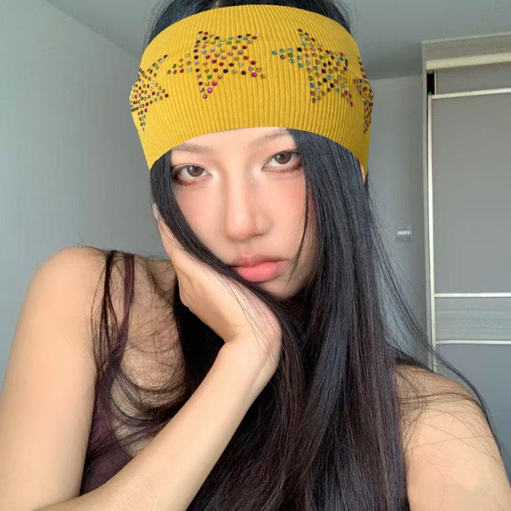 Sweat Absorbing Rhinestone Star Headband Soft Sports Hairband Elastic Headband  Women