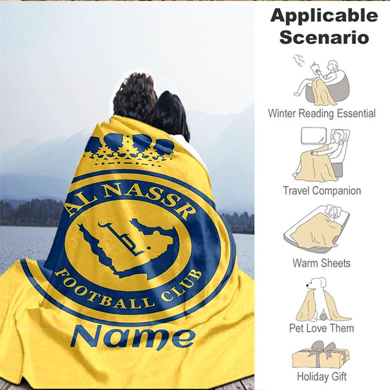 Custom Name Nassr Football Club Crest Blanket Lightweight Ideal Bedding Blanket Perfect for Travel, Camping, Living Rooms, Sofas, Christmas Gift