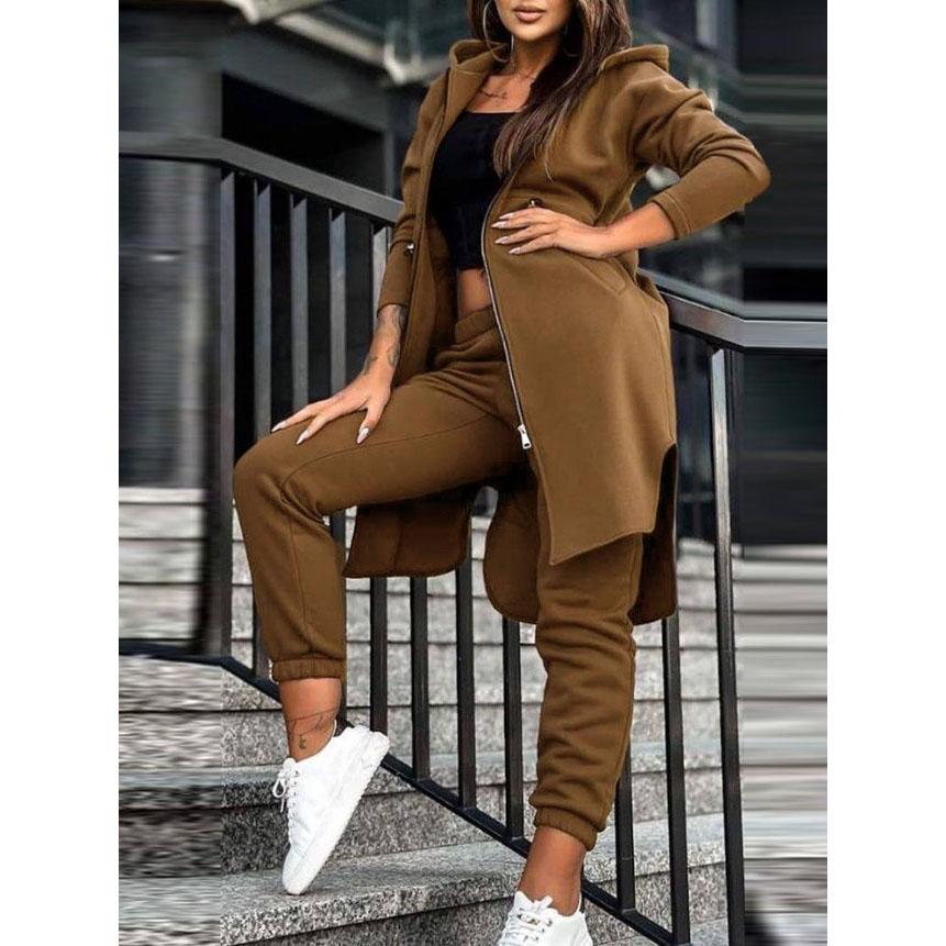 Women's Hooded Zipper Irregular Large Coat Mid Waist Pencil Pants Two-Piece Suit Autumn Winter Solid Color Printing Suit