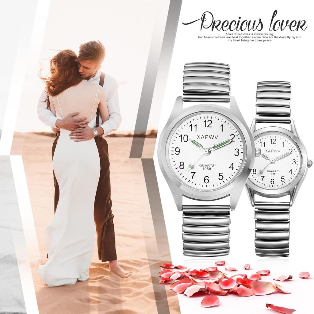 Pair Watch Couple Pair Watch Luminous Analog Display Stylish Elastic Strap Quartz Watch Silver Fashion Accessories Day Lover Gift Men's Women's