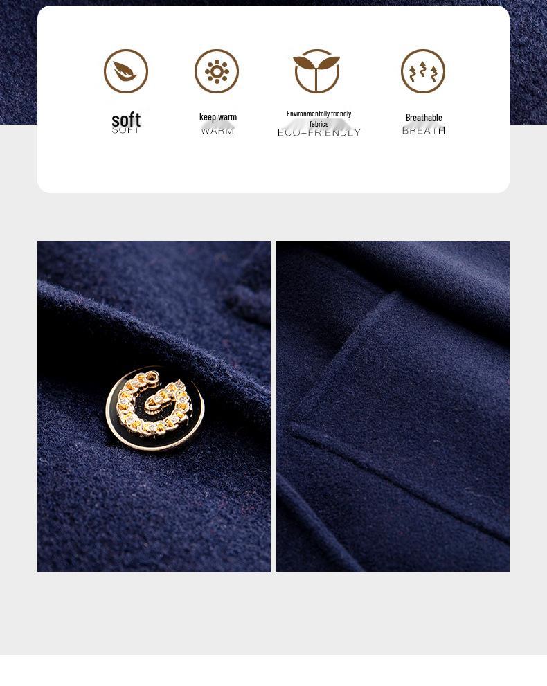 Women's Dark Blue Wool Trench Coat, Autumn/Winter 2025, Thickened Mid-Length, Elegant Design.