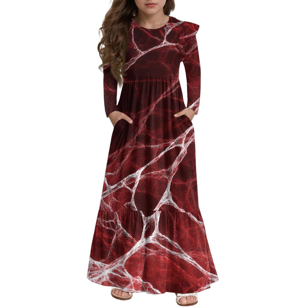 Mädchen Stufenkleid mit Rüschen Halloween Tag - Langärmeliges Maxikleid mit Druck und Taschen